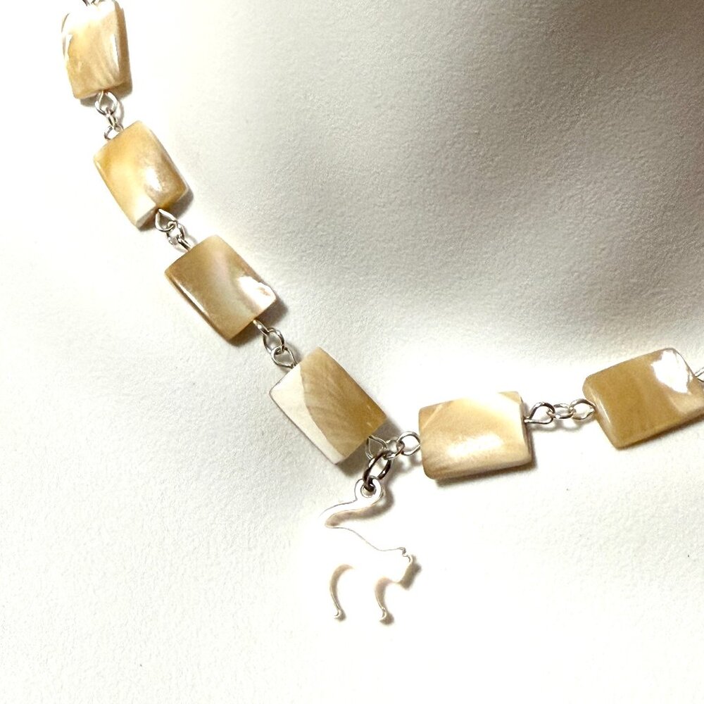 Rectangular Mother of Pearl Beaded Short Necklace + Cute Slim Cat Pendant